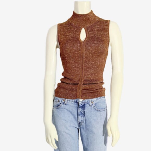 Vintage Tops - Vintage Y2K Bronze Brown Knit Sleeveless Top with Metallic Gold Thread / Small
